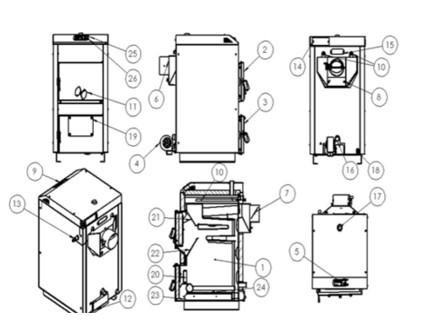 Scheme of a wood burning boiler parts